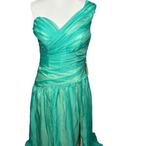 NWT Vilavi Dress Evening Gown Women Sz 12 Formal Chiffon Aqua Blue Asymmetrical